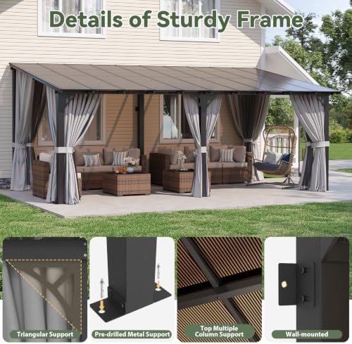 20'x10' Lean to Gazebo, Pergola with Mosquito Net and Curtains, Gray in Gray, alternate view 3