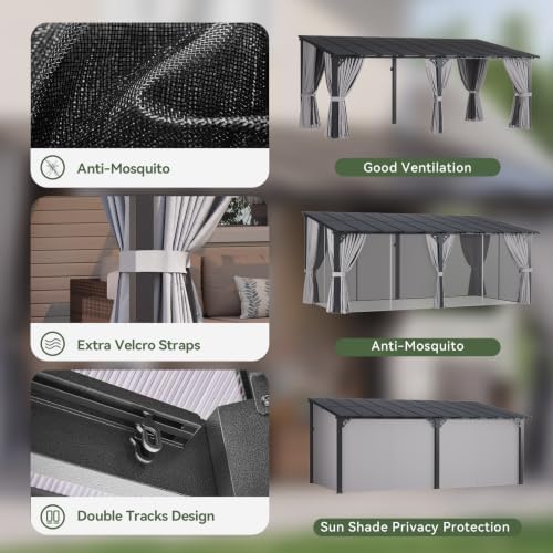 20'x10' Lean to Gazebo, Pergola with Mosquito Net and Curtains, Gray in Gray, alternate view 6