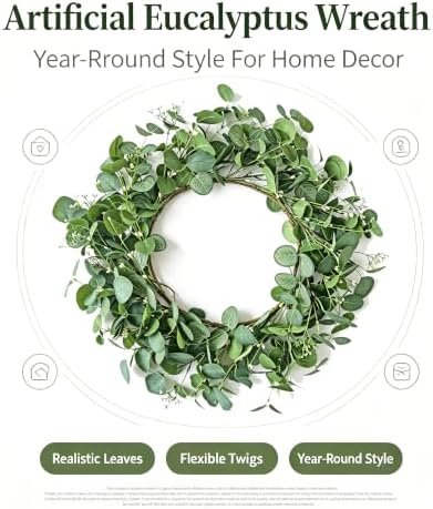 20" Year Round Eucalyptus Wreath for Front Door, Home Decor, All Season, alternate view 5
