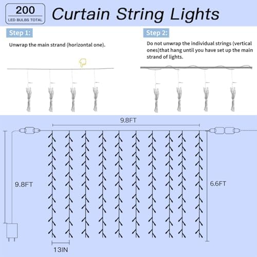 200 LED Cool White Curtain Fairy Lights 9.8x6.6FT Plug in in 9.8x6.6FT in Cool Whtie, alternate view 6