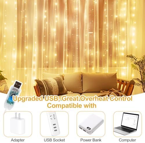 200 LED Fairy Curtain Lights, 6.6 x 6.6 FT Warm White USB Plug in 8 Modes Hanging Lights with Remote for, alternate view 6