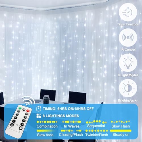 200 LED Fairy Curtain Lights, 6.6 x 6.6 FT Warm White USB Plug in 8 Modes String Hanging Lights with Remote for, alternate