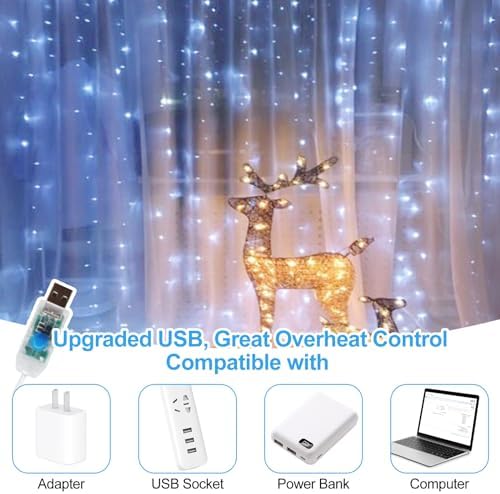 200 LED Fairy Curtain Lights, 6.6 x 6.6 FT Warm White USB Plug in 8 Modes String Hanging Lights with Remote for, alternate