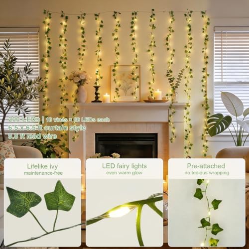 200 LED Ivy Vine Lights, Fairy Curtain Lights USB & Battery Operated with Remote, 6.5x6.5ft Vines with Fairy, alternate view
