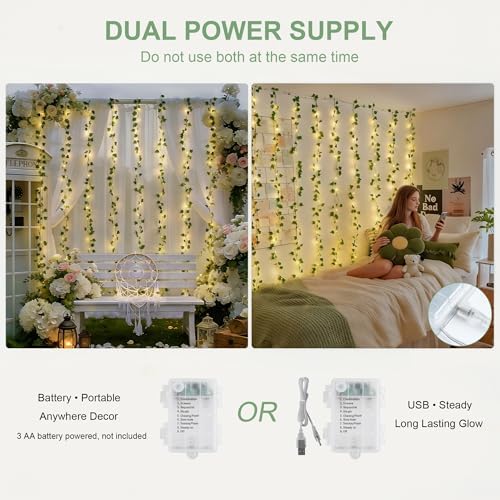 200 LED Ivy Vine Lights, Fairy Curtain Lights USB & Battery Operated with Remote, 6.5x6.5ft Vines with Fairy, alternate view