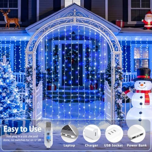 200 LED USB Curtain Lights Blue and White, alternate view 4