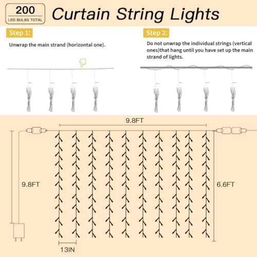 200 LED Warm White Curtain Fairy Lights 9.8x6.6FT Plug in in 9.8x6.6FT in Warm White, alternate view 6