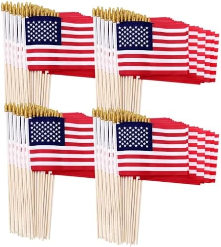 200 Pack Small American Flags on Stick, 4x6 Inch Small US Flags/Mini American Handheld Flags with Kid-Safe Spear