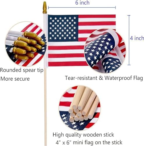 200 Pack Small American Flags on Stick, 4x6 Inch Small US Flags/Mini American Handheld Flags with Kid-Safe Spear, alternate