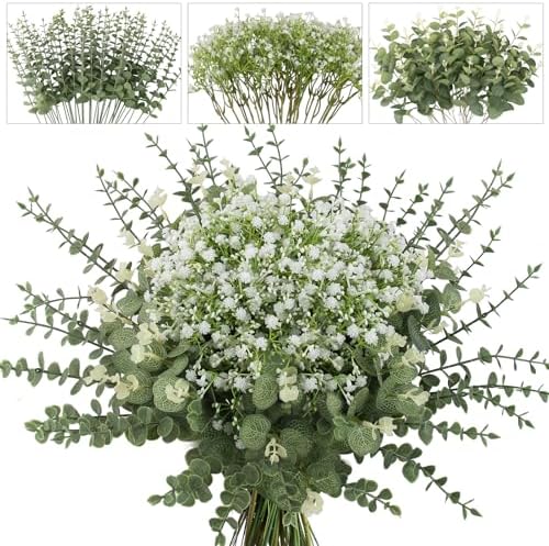 200 Pcs Mixed Greenery Artificial Eucalyptus Stems, Baby Breath Artificial Flowers Bulk and Eucalyptus Leaves