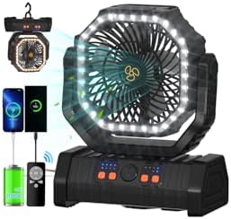 20000mAh Battery Operated Camping Fan with Warm&Cold Light - Black in Black