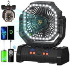20000mAh Battery Operated Camping Fan with Warm&Cold Light - Black in Black