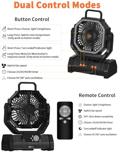 20000mAh Battery Operated Camping Fan with Warm&Cold Light - Black in Black, alternate view 5