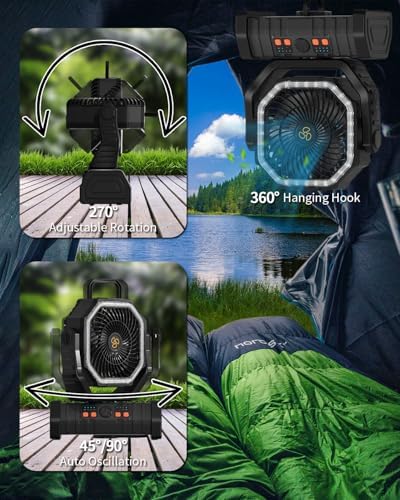 20000mAh Battery Operated Camping Fan with Warm&Cold Light - Black in Black, alternate view 6