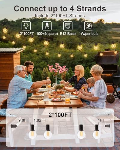 200FT(100FT*2PC) Outdoor String Lights, G40 LED Patio Lights with 100+4 Bulbs, Waterproof Shatterproof Dimmable, alternate