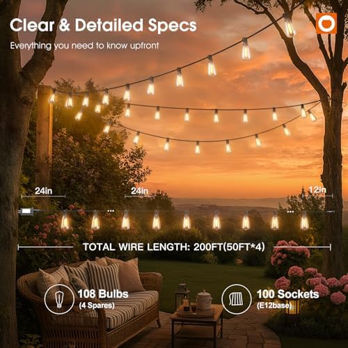 200FT(50*4) Outdoor String Lights with Remote LED Edison Waterproof, alternate view 5