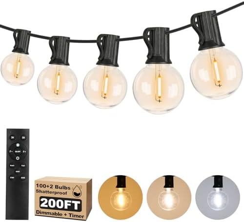 200FT LED Outdoor String Lights with Dimmable 3 Color Lights with Remote
