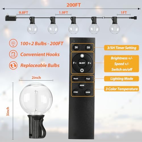 200FT LED Outdoor String Lights with Dimmable 3 Color Lights with Remote, alternate view 6