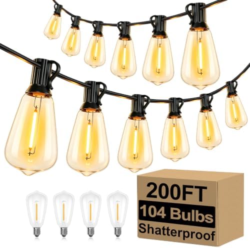 200FT Outdoor String Lights 104 Bulbs, 2200K Amber Lights