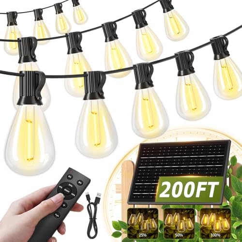 200FT Solar String Lights Outdoor Waterproof 72+2 LED Bulbs, Solar Powered with Remote & USB Port, 3 Light Modes