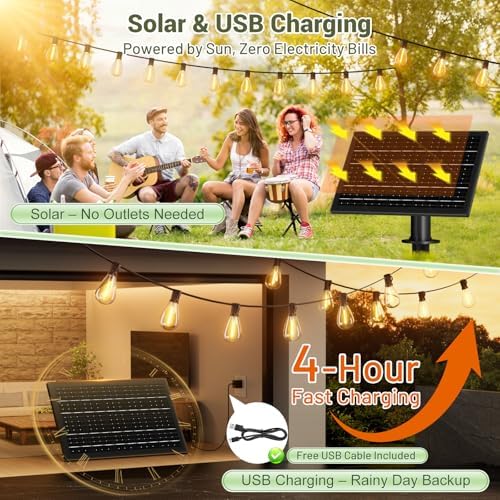 200FT Solar String Lights Outdoor Waterproof 72+2 LED Bulbs, Solar Powered with Remote & USB Port, 3 Light Modes, alternate