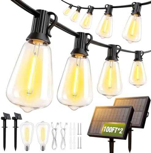 200FT Solar String Lights Outdoor Waterproof with Remote & Timer, LED Shatterproof ST38 Bulbs, USB & Solar
