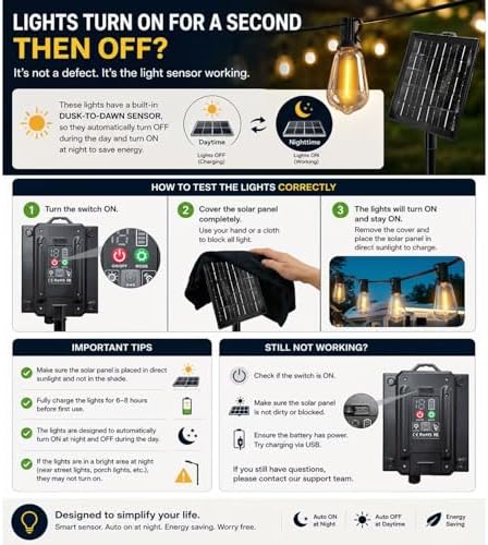 200FT Solar String Lights Outdoor Waterproof with Remote & Timer, LED Shatterproof ST38 Bulbs, USB & Solar, alternate view 2