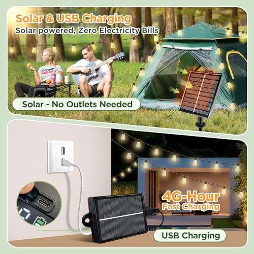 200FT Solar String Lights Outdoor Waterproof with Remote & Timer, LED Shatterproof ST38 Bulbs, USB & Solar, alternate view 3