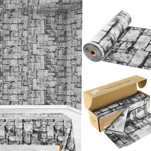 200FT x 54IN Stone Wall Plastic Tablecloth Roll with Slide Cutter Box in Deep Gray
