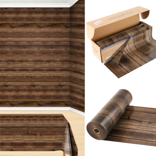 200FT x 54IN Wood Grain Plastic Tablecloth Roll with Slide Cutter Box