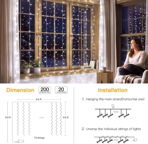 200LED Curtain Lights 6.6ftx6.6ft, Cool White String Lights Plug in, alternate view 2