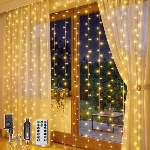200LED Curtain Lights 6.6ftx6.6ft, Warm White String Lights Plug in