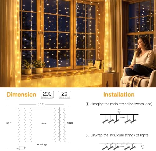 200LED Curtain Lights 6.6ftx6.6ft, Warm White String Lights Plug in, alternate view 2