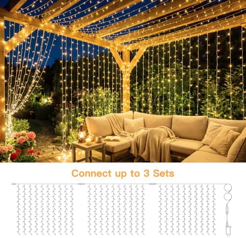 200LED Curtain Lights 6.6ftx6.6ft, Warm White String Lights Plug in, alternate view 5