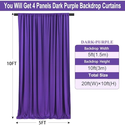 20ft×10ft Wrinkle Free Dark Purple Backdrop Curtain for Party, 4 Panels 5ft×10ft Soft Silky Polyester Purple, alternate view