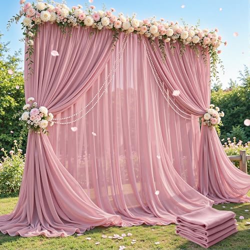20ft×10ft Wrinkle Free Dusty Rose Backdrop Curtain Drapes, 4 Panels 5ftx10ft Sheer Tulle Chiffon Backdrop Panels