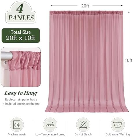20ft×10ft Wrinkle Free Dusty Rose Backdrop Curtain Drapes, 4 Panels 5ftx10ft Sheer Tulle Chiffon Backdrop Panels, alternate