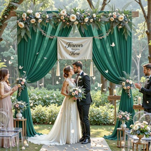 20ft×10ft Wrinkle Free Hunter Green Backdrop Curtain Drapes, 4 Panels 5ftx10ft Sheer Tulle Chiffon Backdrop, alternate view 6