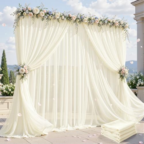 20ft×10ft Wrinkle Free Ivory Backdrop Curtain Drapes, 4 Panels 5ftx10ft Sheer Tulle Chiffon Backdrop Panels