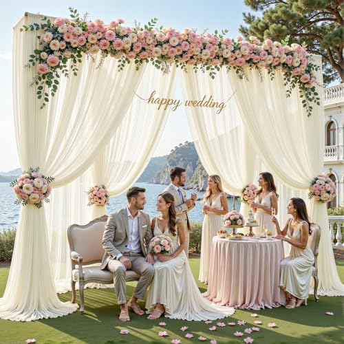 20ft×10ft Wrinkle Free Ivory Backdrop Curtain Drapes, 4 Panels 5ftx10ft Sheer Tulle Chiffon Backdrop Panels, alternate view 2