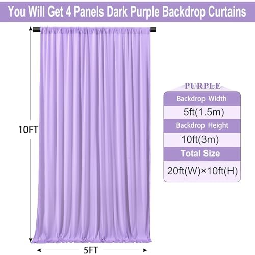 20ft×10ft Wrinkle Free Lavender Backdrop Curtain for Party, 4 Panels 5×10ft Soft Silky Polyester Light Purple, alternate view