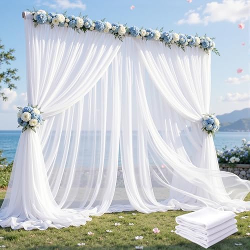 20ft×10ft Wrinkle Free White Backdrop Curtain Drapes, 4 Panels 5ftx10ft Sheer Tulle Chiffon Backdrop Panels