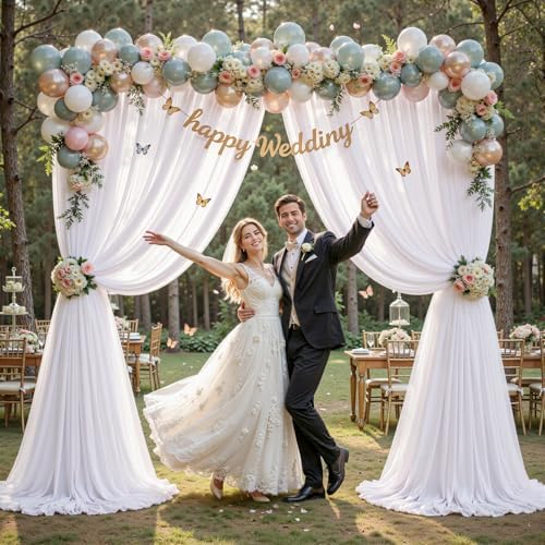 20ft×10ft Wrinkle Free White Backdrop Curtain Drapes, 4 Panels 5ftx10ft Sheer Tulle Chiffon Backdrop Panels, alternate view 2