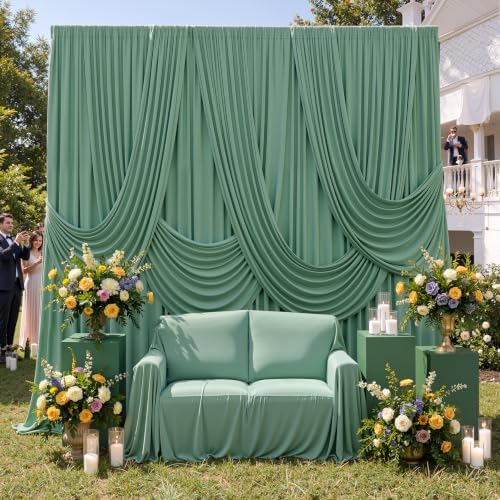 20ft×12ft Wrinkle Free Sage Green Backdrop Curtain for Weddings Parties in 12ft Long_4 Panels in Sage Green, alternate view 4