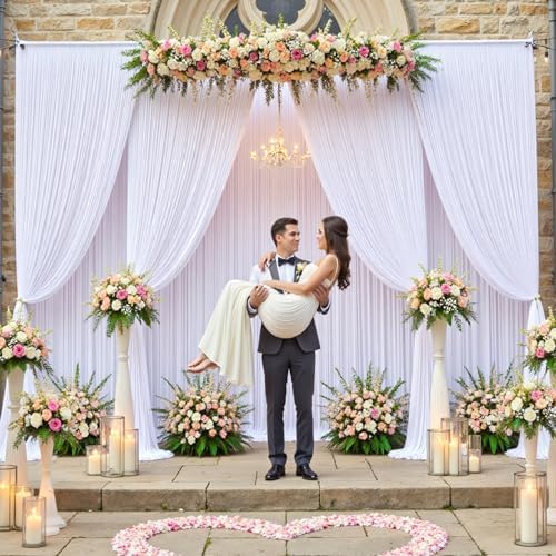 20ft×12ft Wrinkle Free White Backdrop Curtain for Wedding Parties,4 Panels 5×12ft Long Silky Polyester Photo