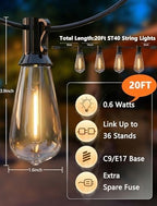 20Ft LED Outdoor String Lights with 22 ST40 LED Shatterproof Bulbs, alternate view 2