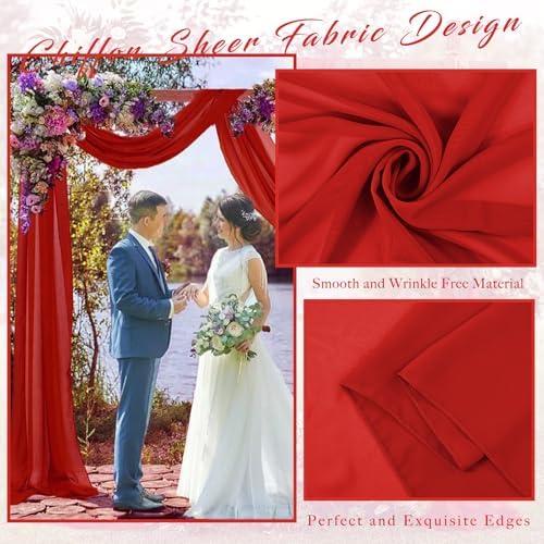 20Ft Length x 28" Width 2 Panels Wedding Arch Draping Fabric Red Arch Drapes Chiffon Fabric Sheer Curtains, alternate view 4