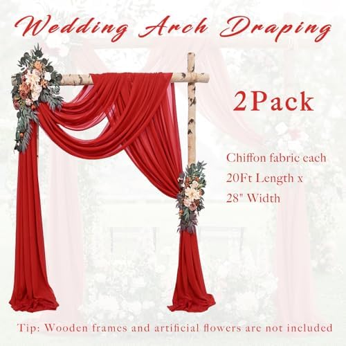 20Ft Length x 28" Width 2 Panels Wedding Arch Draping Fabric Red Arch Drapes Chiffon Fabric Sheer Curtains, alternate view 6