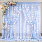20ft x 10ft Baby Blue Chiffon Backdrop Curtain with Lights String for Parties,4 Panels Sheer Tulle Curtain