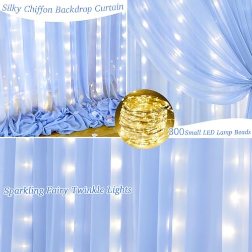 20ft x 10ft Baby Blue Chiffon Backdrop Curtain with Lights String for Parties,4 Panels Sheer Tulle Curtain, alternate view 2